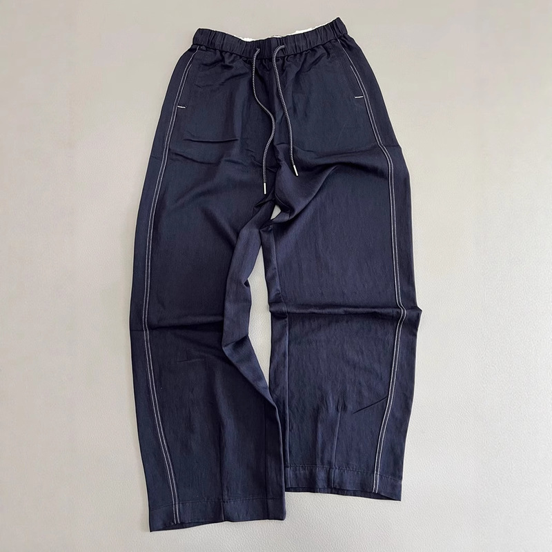 Whether to poke your aesthetic hemp feeling bright line closing cool pants spring and summer new navy blue loose long pants ladies