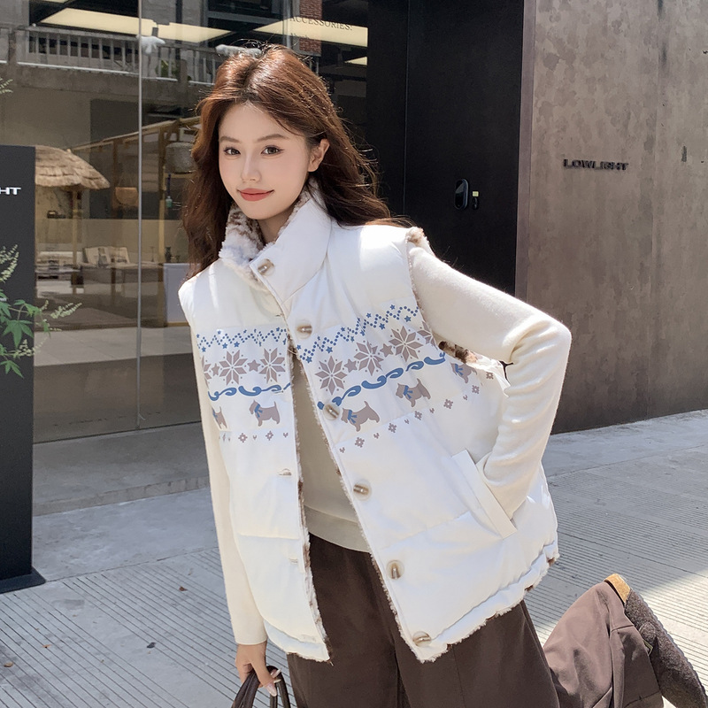 Fair Isle Reversible Cotton Vest for Women, Short Thickened Warm Versatile Vest with Stand Collar for Autumn and Winter Fair Isle Reversible Cotton Vest for Women, Short Thickened Warm Versatile Vest with Stand Collar for Autumn and Winter
