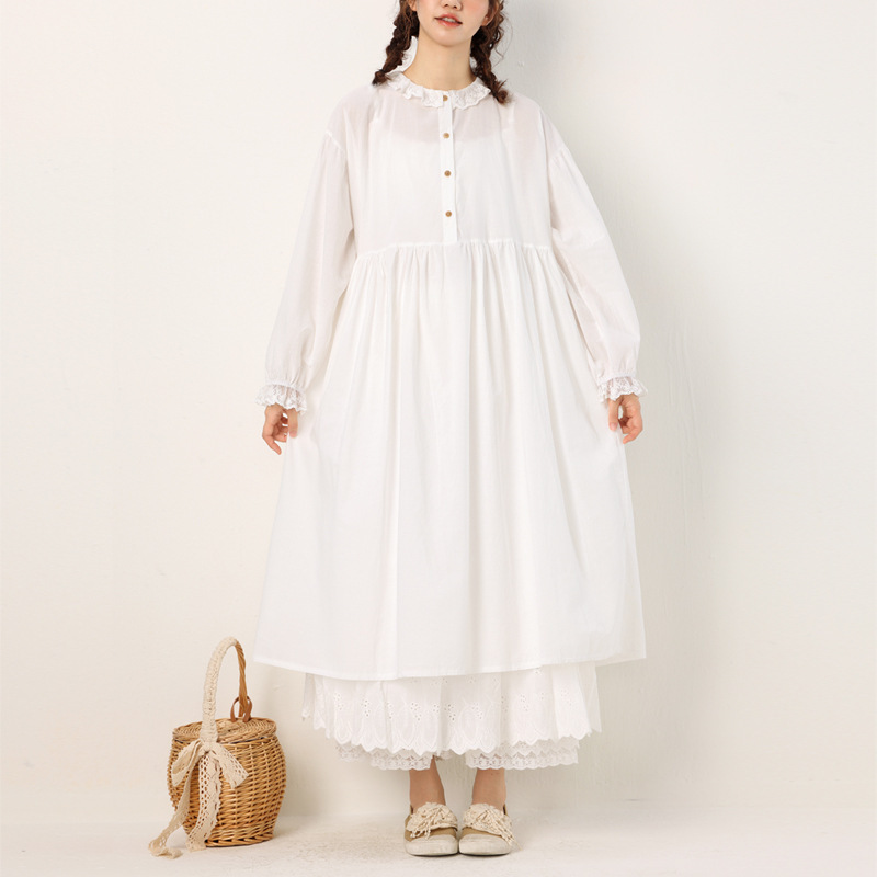 Japanese Style Sweet Long Sleeve Llace Collar Pure Cotton Dress 2023 Autumn Loose Large Size Slimming Solid Color Base Dress for Women