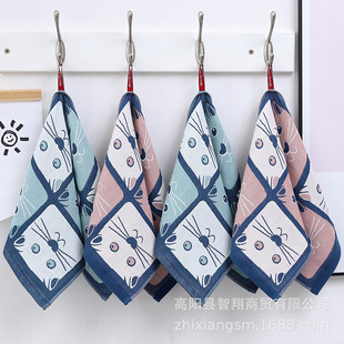 Zhiyang Towel Three-Layer Gauze Jacquard Cat Square Towel Children's Towel Kitchen Towel Hand Towel Wholesale Cute Jacquard