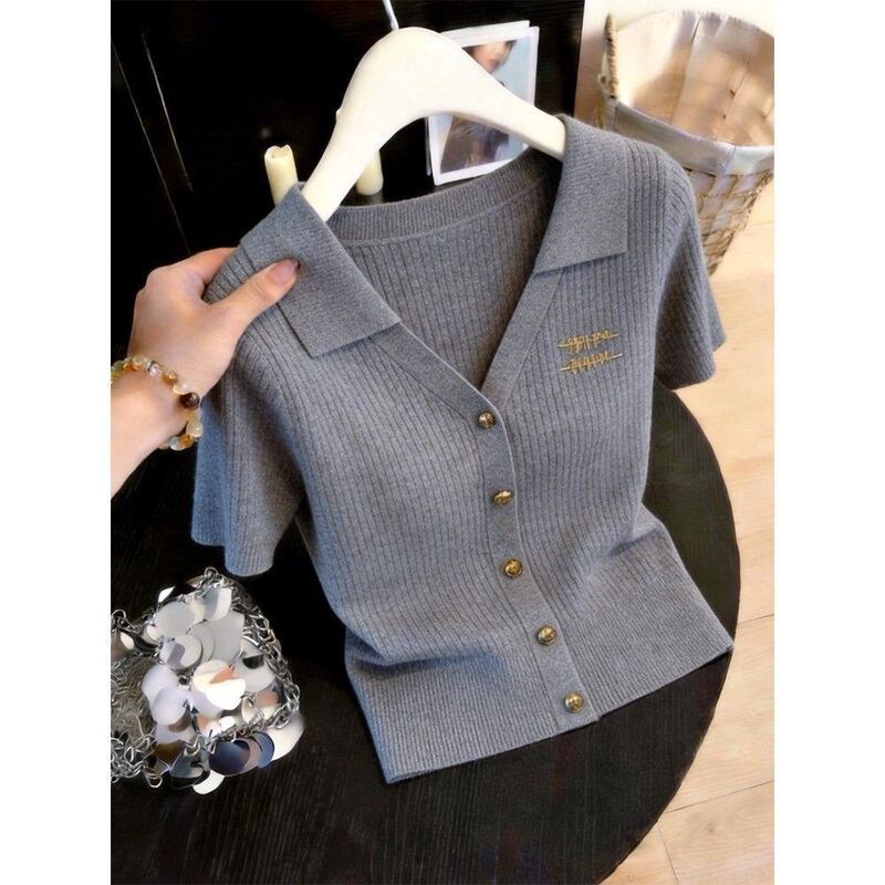 [Plus Size] Gray Turn-Down Collar Short Sleeve Knitted Sweater Women's 2026 Summer New Slimming Versatile Top