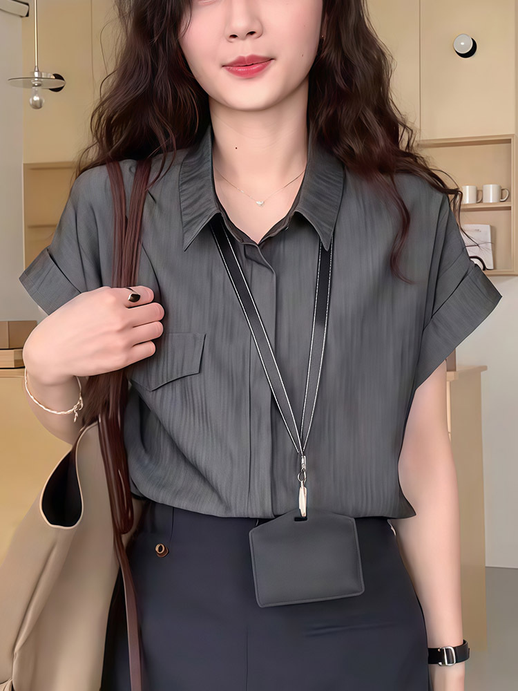 Áo sơ mi cổ POLO nữ vải lanh phối vai phồng nhẹ mùa hè — áo sơ mi màu xám đậm