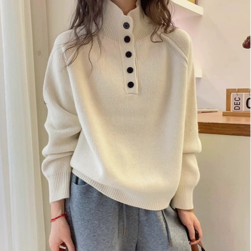 日系纽扣设计感高领毛衣女套头欧洲站春季新款欧货女装外穿针织衫|undefined