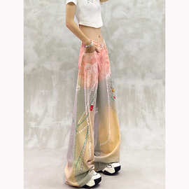 个性数码印花水洗休闲牛仔裤女夏新款高腰宽松显瘦百搭直筒阔腿裤