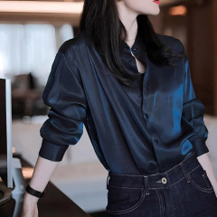 轻奢鎏金蓝衬衣女小立领长袖设计感小众法式气质宽松衬衫上衣