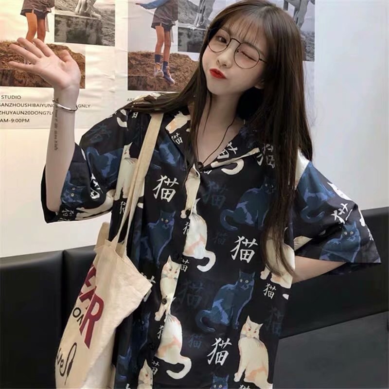 Summer loose short-sleeved shirt female cat print design sense niche super fairy shirt girl bf very fairy top Summer loose short-sleeved shirt female cat print design sense niche super fairy shirt girl bf very fairy top