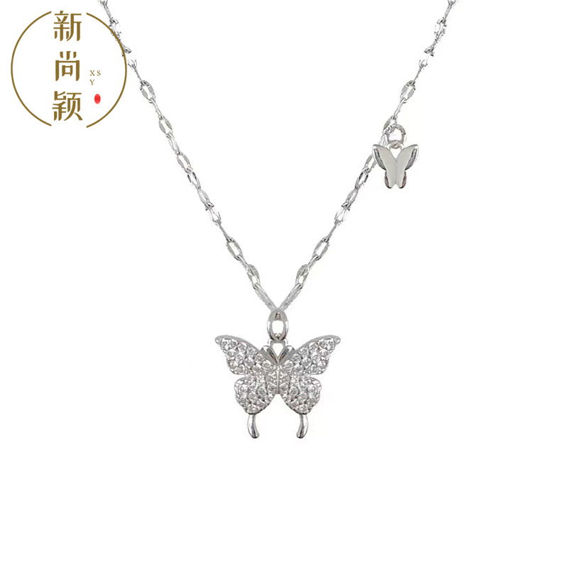 ins閃鑽蝴蝶項鍊小眾設計感輕奢大小蝴蝶鎖骨鏈 微鑲鋯石鎖骨鏈女