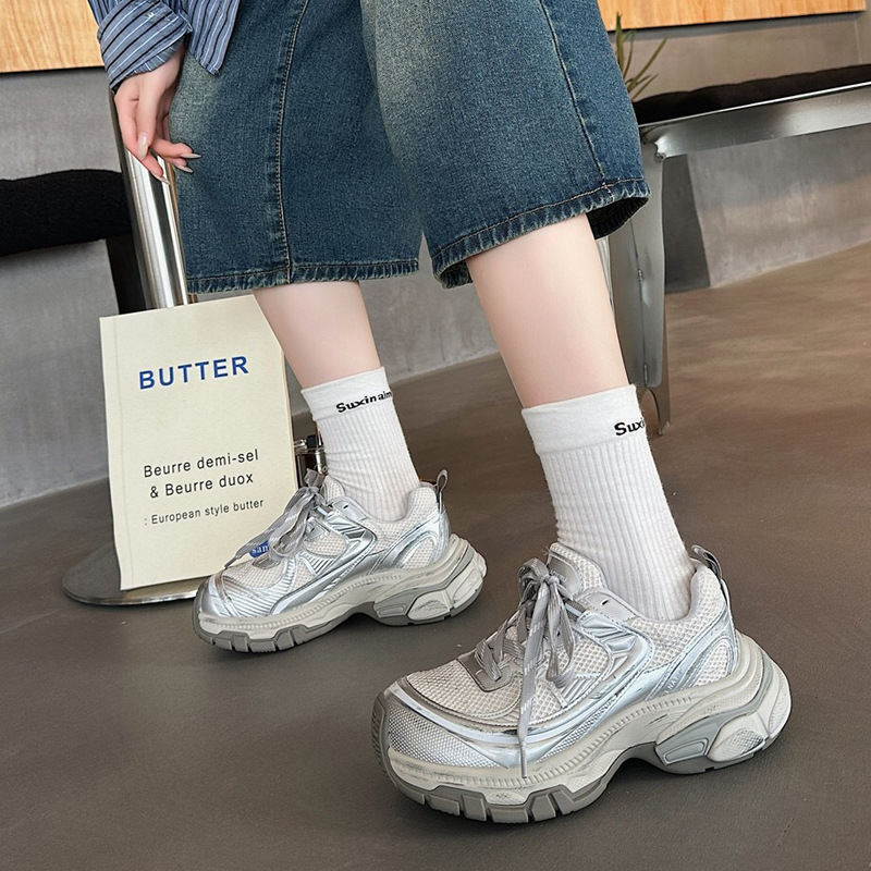 厚底真皮老爹鞋女2025秋季新款小个子增高拼色网面透气休闲运动鞋|undefined