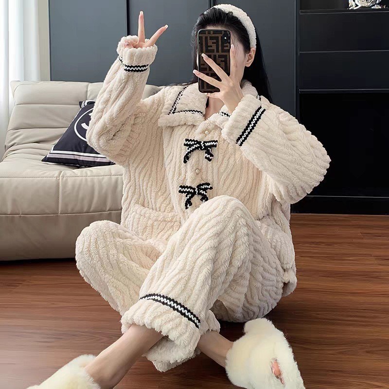 秋冬季新款珊瑚绒开衫睡衣女加厚保暖法兰绒套装甜美蝴蝶结家居服|undefined