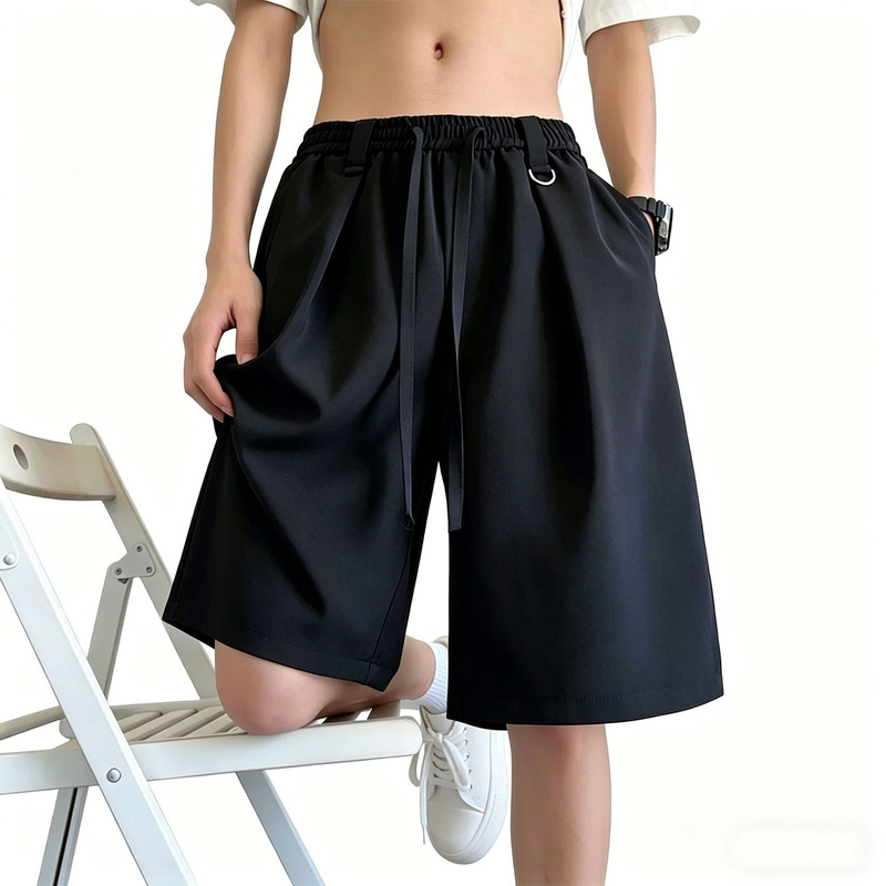 Black Ice Silk Suit Shorts for Men, Summer Thin Style, Stylish and High-End, Drapey Pants, Loose Casual Five-Point Mid-Length Shorts Black Ice Silk Suit Shorts for Men, Summer Thin Style, Stylish and High-End, Drapey Pants, Loose Casual Five-Point Mid-Length Shorts