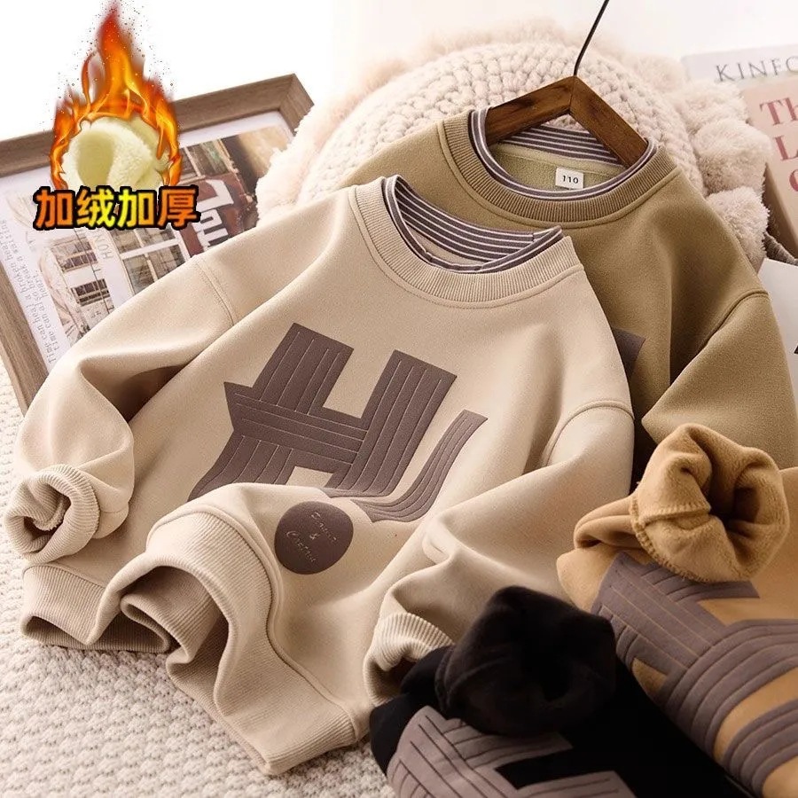 Boys' Padded Sweatshirt Autumn/Winter Style Children's Half-Neck Base Layer Top Integrated Fleece Casual Upgraded Winter Outfit for Big Kids