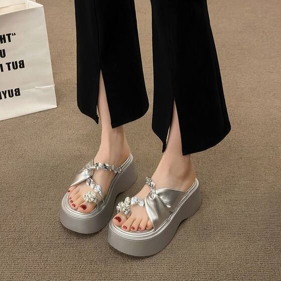 Sandals Women's Outfit 2024 Summer New Style Small Thick Sole High Heel Rhinestone Toe Sandals and Slippers