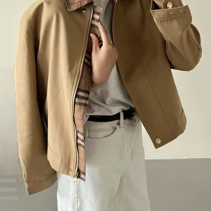 Internet Celebrity Korean Style Khaki Plaid Splicing Jacket Windbreaker Women's Autumn New Coat