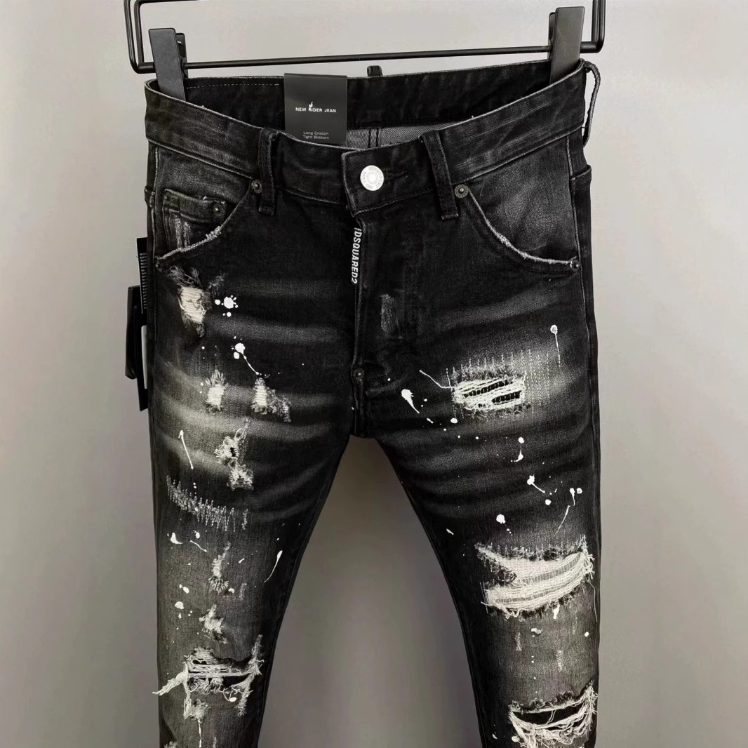 Spring and Summer 2025 New D2 Trendy Men's Washed Grinding Hole Patch Paint Slim-fit Feet Black Jeans Men's Fried Street
