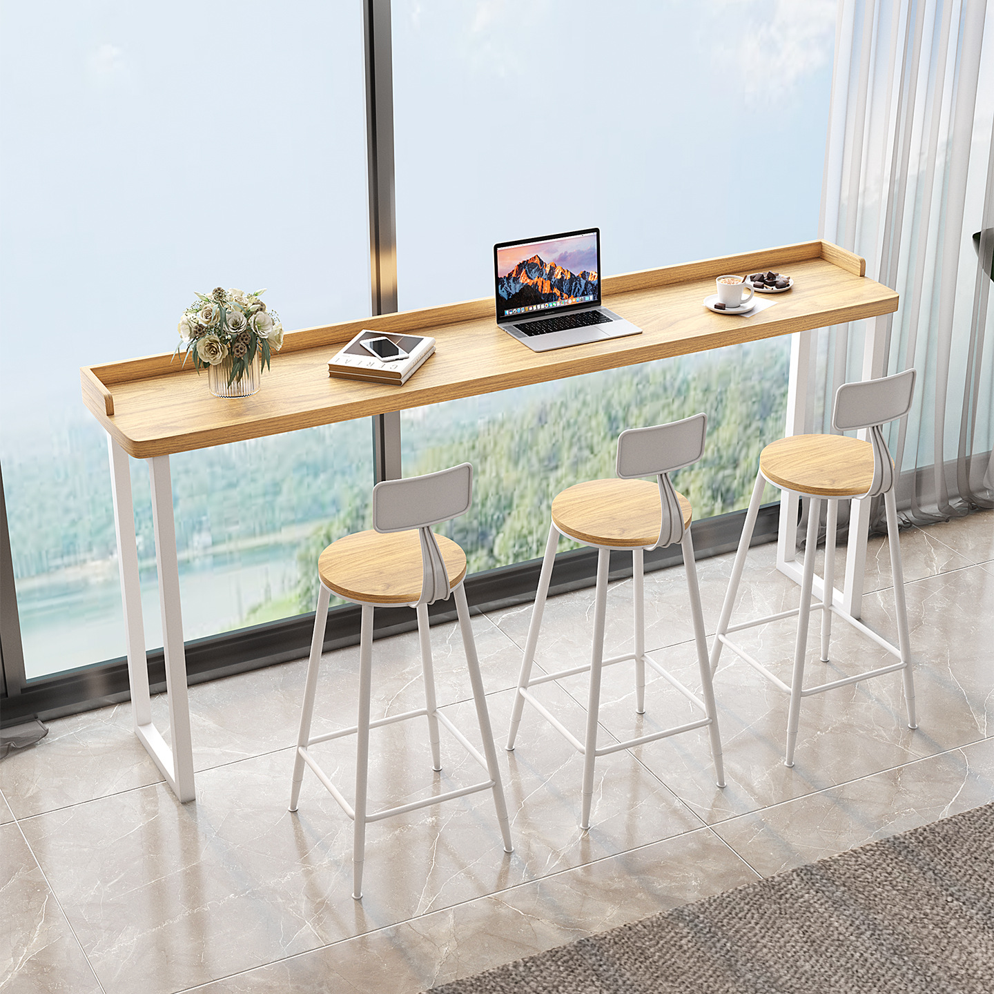 Nordic Simple Solid Wood Bar Table Home Balcony High Table Wall Long Table Cafe Bar Table and Chair Combination