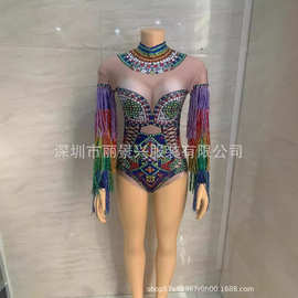 现货演出服女式闪亮多彩钻石流苏连身裤夜总会性感瓷砖