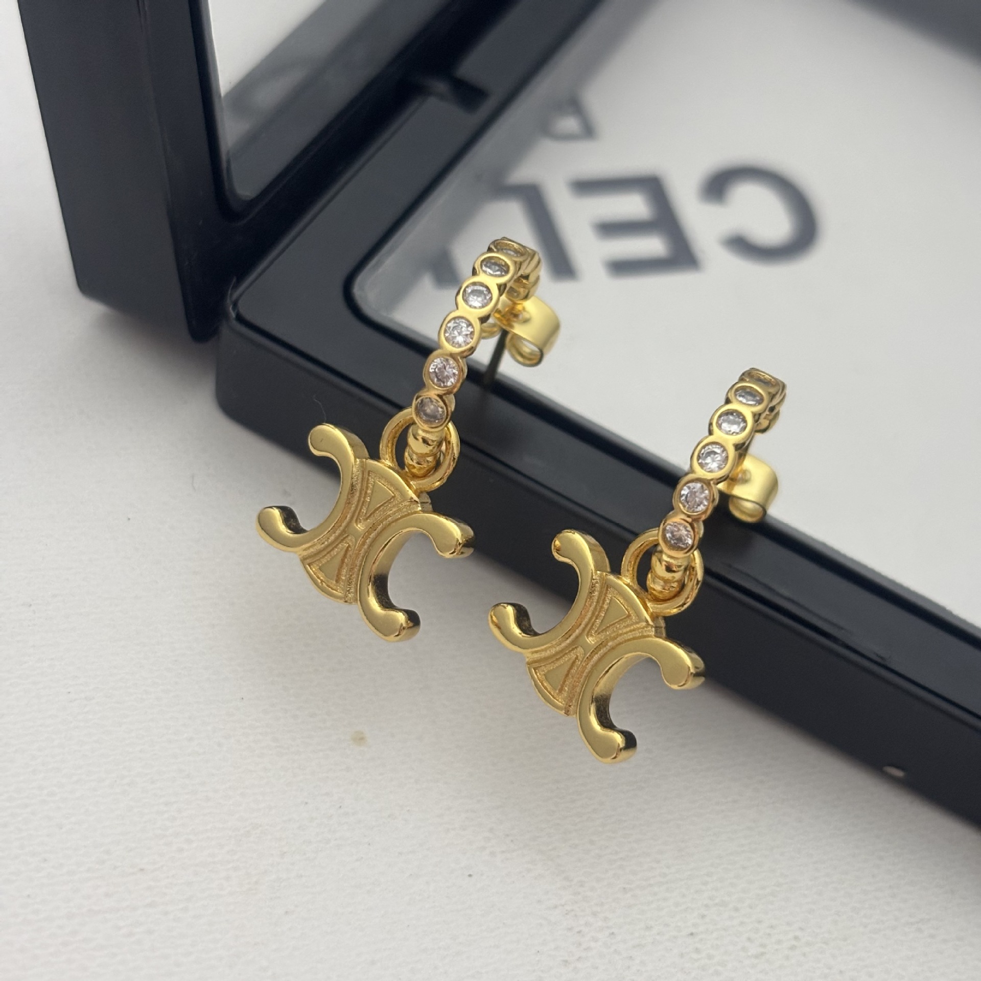Ce Arc De Triomphe Earrings Zircon Jewelry Niche Design Minimalist Earrings Micro-Inlaid Hoops European and American Retro Cross-Border Trade
