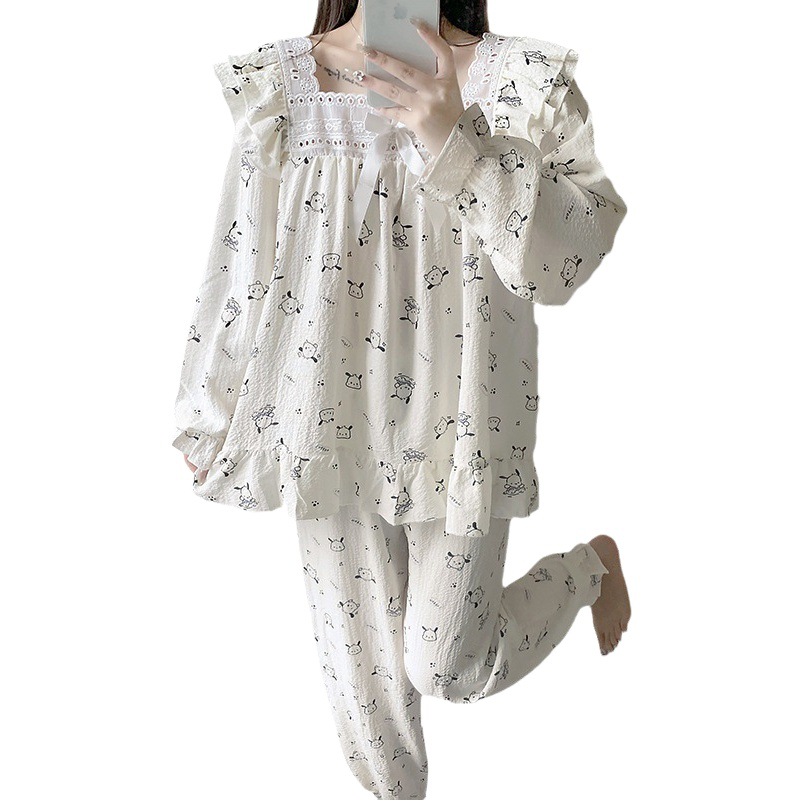 Estilo coreano Chanel estilo pijamas de las mujeres tejido crepe encaje algodón manga larga Otoño e Invierno dulce desgaste del hogar traje