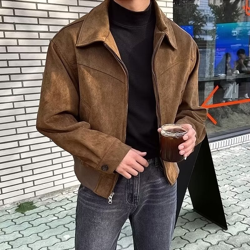 国潮复古百搭短款翻领夹克春秋款拉链时髦小众美式外套百搭男装潮