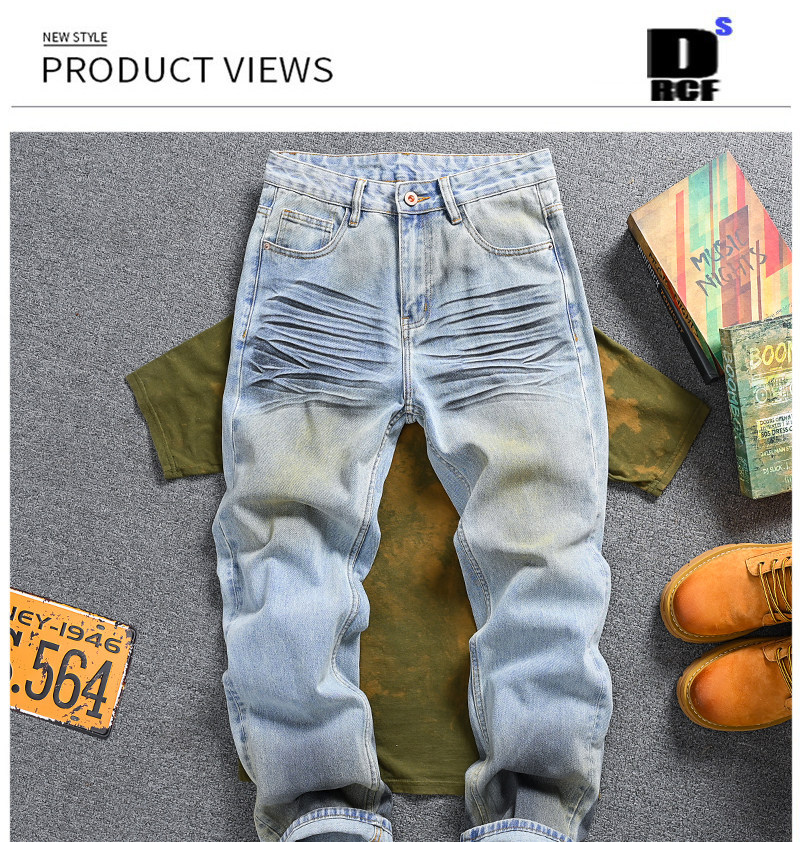 Men's Vintage Washed Jeans - Relaxed Straight-Leg High Street Denim Pants With Wave Crease Design, Light Blue_mkmklike.com