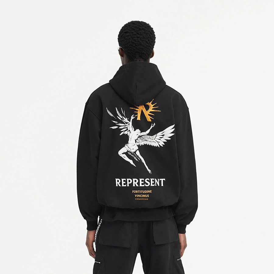 REPRESENT otoño e invierno nuevo estilo letra cursiva lema estampado calle alta casual negro suéter con capucha para hombres y mujeres