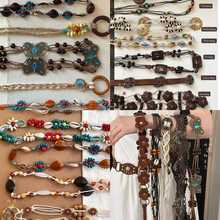 波西米亚民族风木珠不规则方形木珠腰链时复古气质腰带百搭饰品女