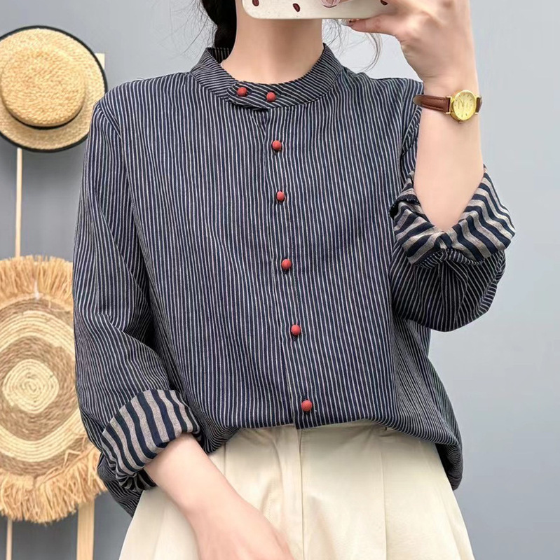 Double-layer Cotton Yarn Vertical Collar Vertical Stripe Shirt Women's Long-sleeved Vintage Artistic Bead Soft Skin-friendly Breathable Base Top