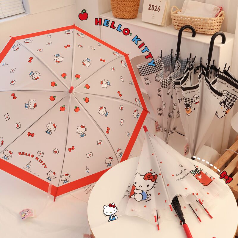 Sanrio Genuine Hello Kitty Cartoon Cute Long-Handled Umbrella, Wind-Resistant Frosted Girly Transparent Umbrella Sanrio Genuine Hello Kitty Cartoon Cute Long-Handled Umbrella, Wind-Resistant Frosted Girly Transparent Umbrella