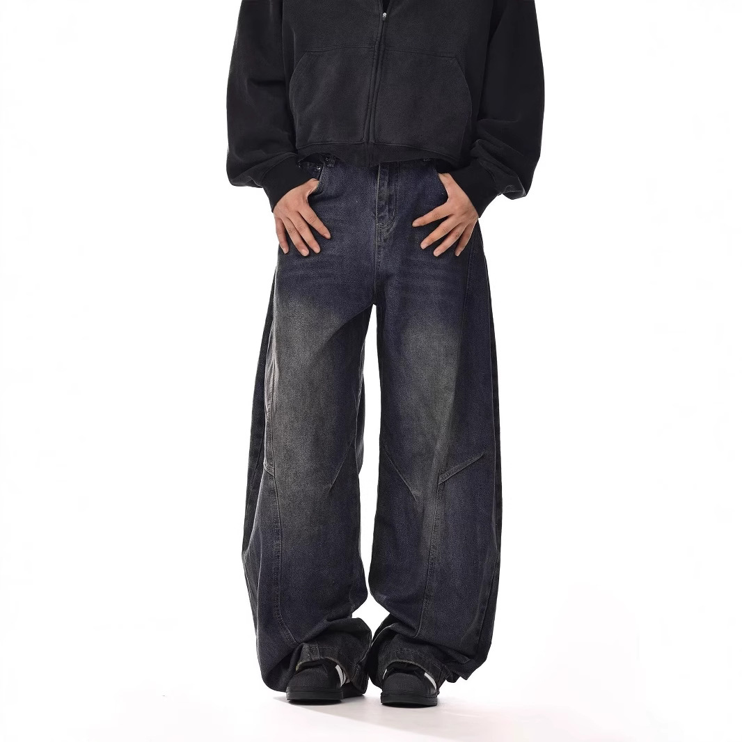 Vintage Washed Deconstructed Scimitar Jeans Men's and Women's Loose Straight American Casual Wide Leg Baggy Trendy Mop Pants