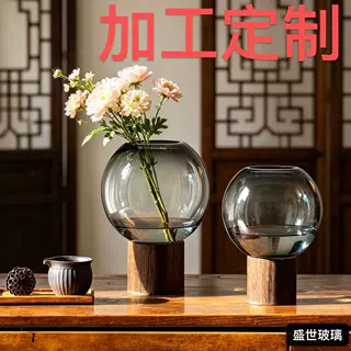 亚马逊热销现代简约创意木墩玻璃花瓶桌面居家插花摆件装加工定制