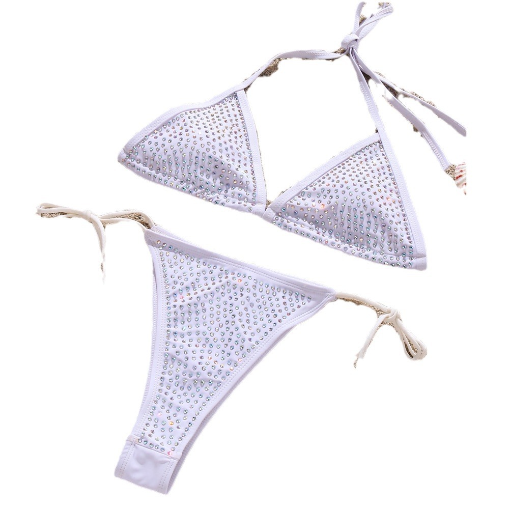 Cross-Border Trade European and American Solid Color Rhinestone Strap Halter Bikini Aliexpress Dz052 Beach Sports Quick-Drying