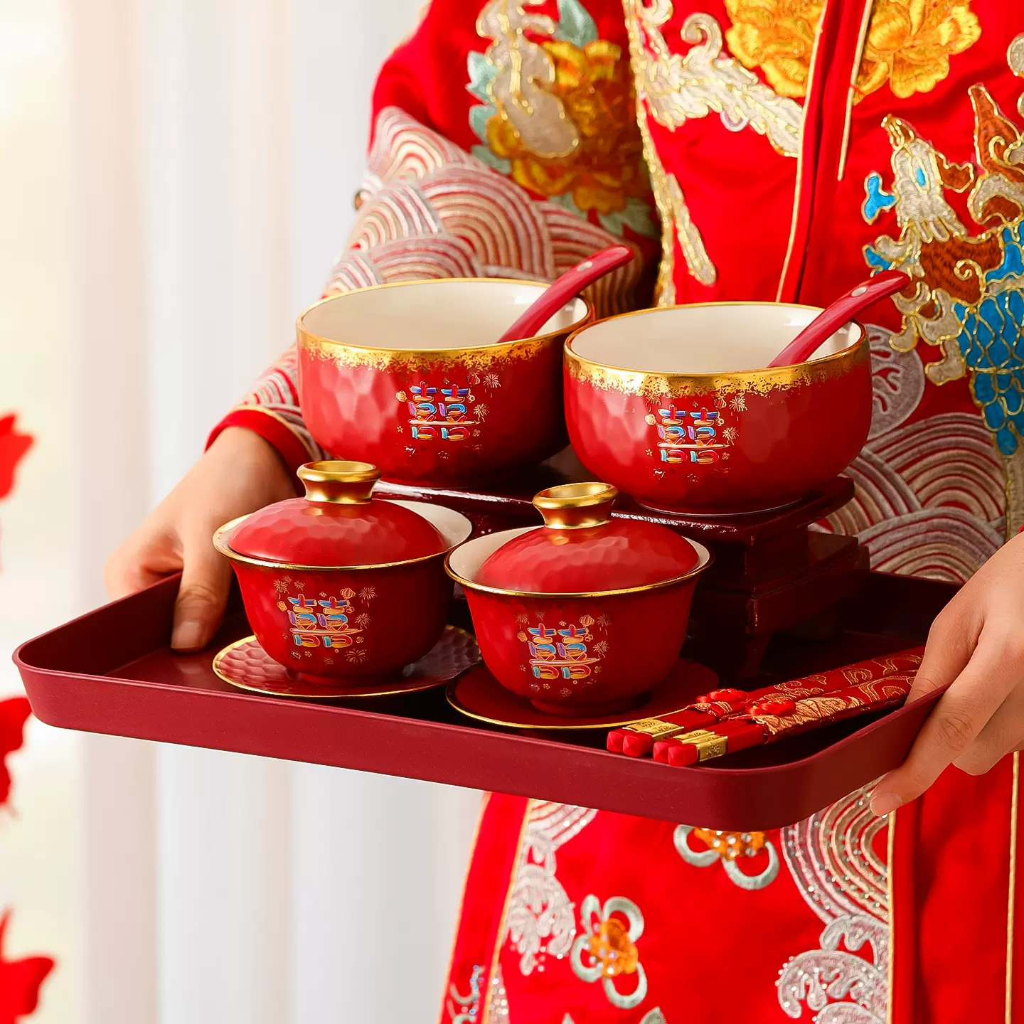 结婚敬茶杯套装一对红色喜碗筷婚礼新人改口茶杯全套陪嫁婚庆用品