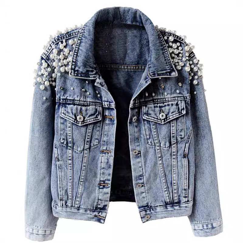 AliExpress Amazon Explosions wish New Heavy Work Beaded Denim Jacket Women's Short Long Sleeve Fashion Foreign Trade Jacket