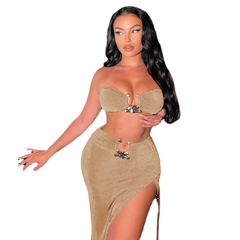 2023 Autumn Winter New Sexy Crop Patchwork Tube Top Mature Style Slit Bodycon Skirt Set For Women_ecoleips.com