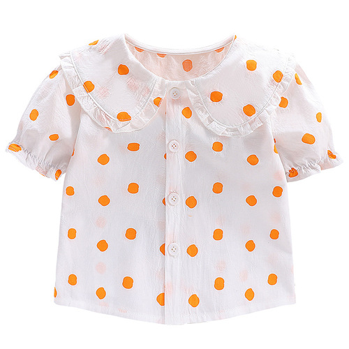 Girls short-sleeved shirts children's bottoming shirts children's shirts 2024 summer new style doll lapel tops for small and medium-sized children