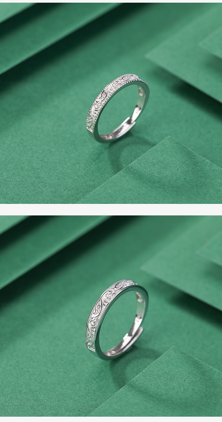 Nhẫn đôi bạc S925 phong cách dân tộc họa tiết cỏ Đường tốt lành — Nam (Khoảng 2.7 gram) chi tiết 5