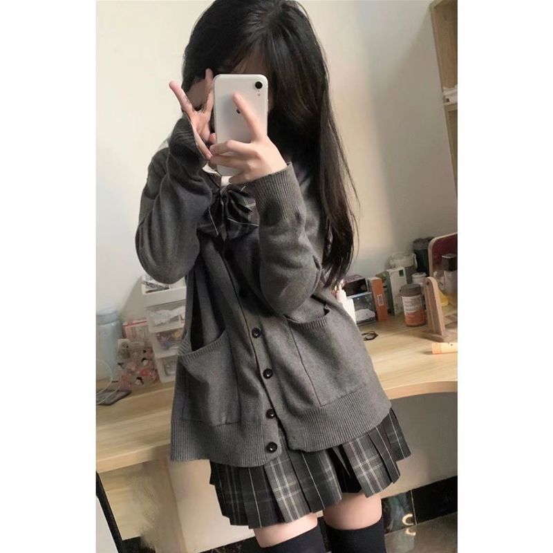 甜美学院风纯色毛衣女校供感宽松百搭纯色长袖领针织开衫套装|undefined