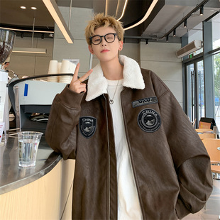 24 New Style Jacket Fur Collar Removable Winter Hong Kong Style Men's Fur One Lamb Wool Thickened Cotton Coat Trendy