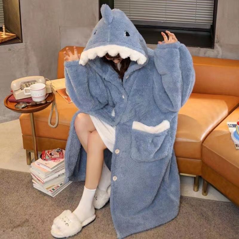 Autumn and Winter New Shark Thickened Pajamas Coral Fleece Cartoon Couple Nightgown Home Clothes suit Nightgown Winter fleece-lined