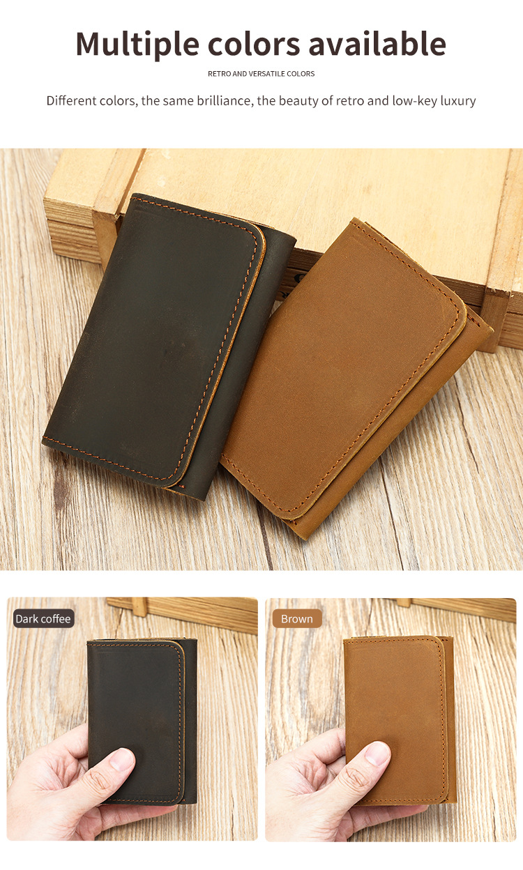 Ví da nam gập mini siêu mỏng phong cách retro, đựng thẻ và tiền xu du lịch — Màu nâu sẫm, màu nâu chi tiết 2
