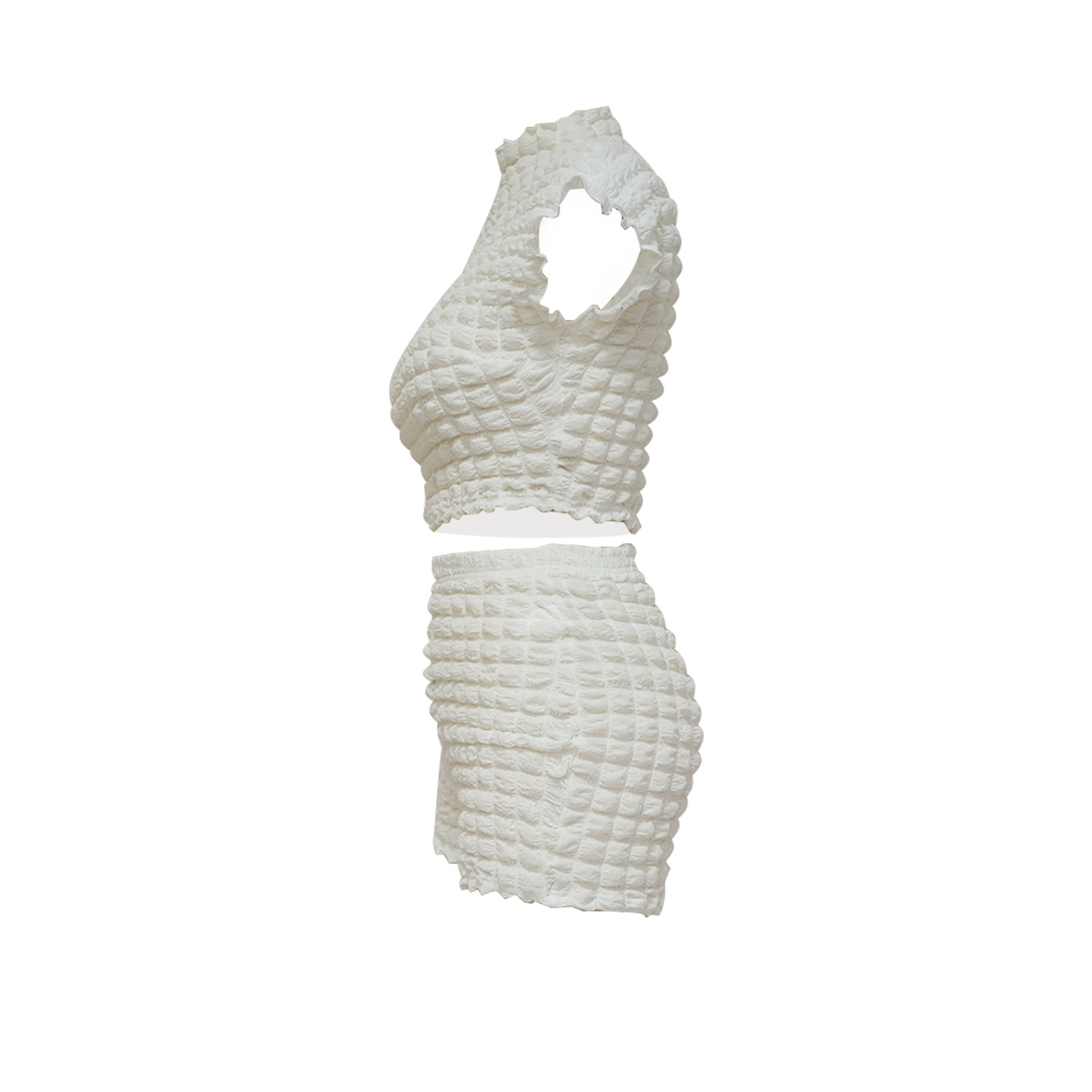 Women's Sleeveless Cropped Two Piece Set Bubble Popcorn Shorts_ecoleips.com