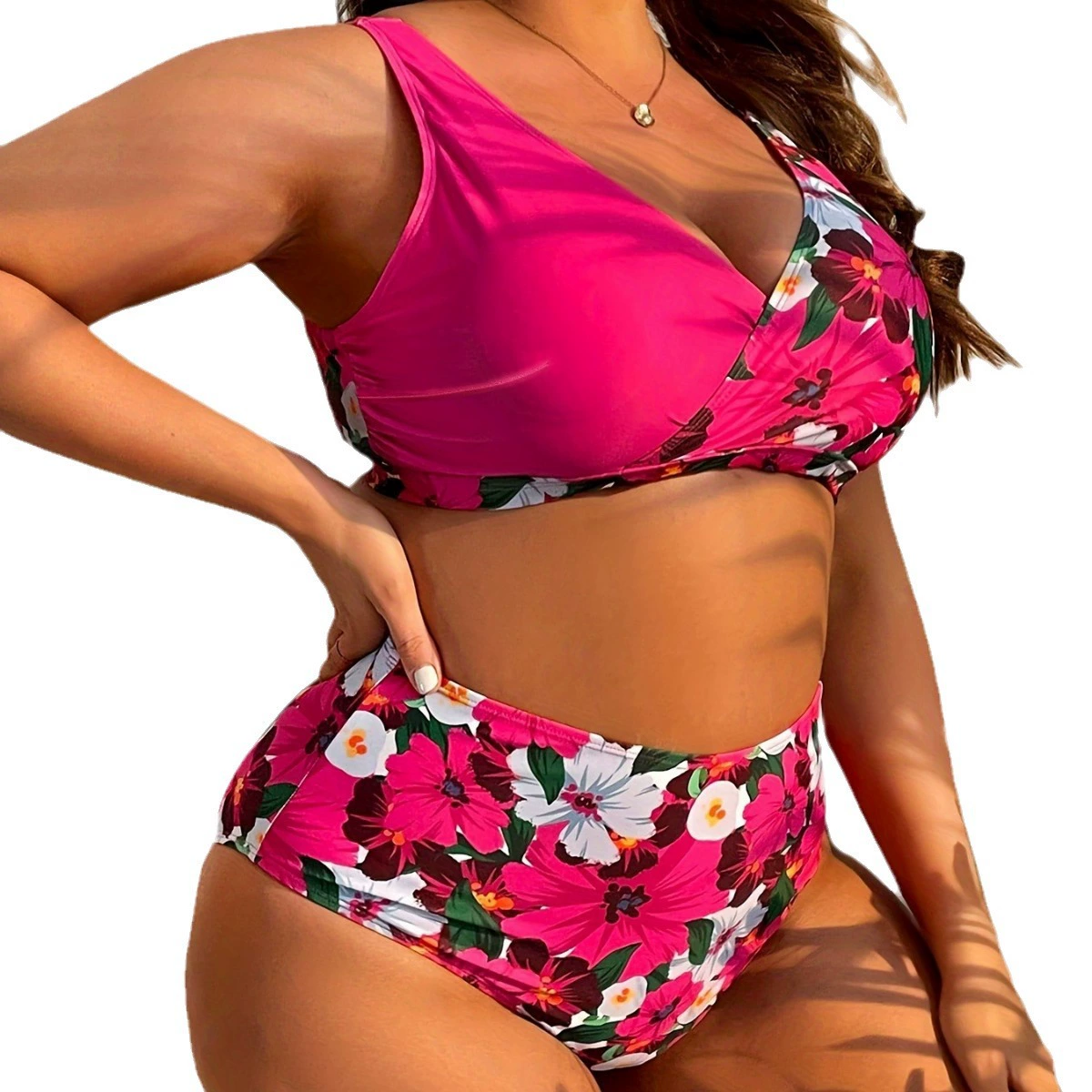 Раздельный купальник plus size, цветочный принт, высокая талия, городской европейский стиль (2–5XL)