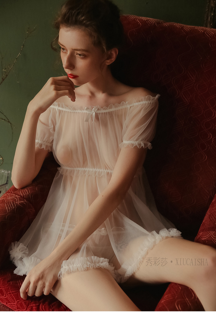 Sheer Mesh Babydoll Nightdress with Matching Panty, Pink One Size — detail image 10