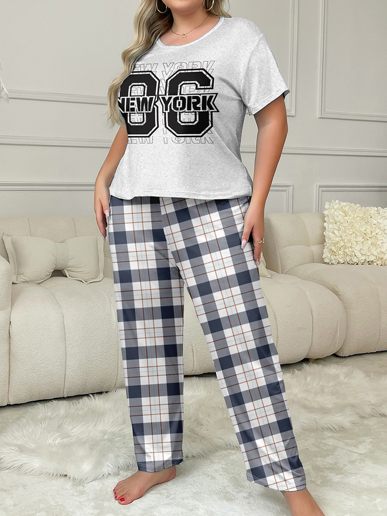 Plus Size Women's Plaid Pyjamas Set Short Sleeved Milk Silk Loungewear_voghion.com