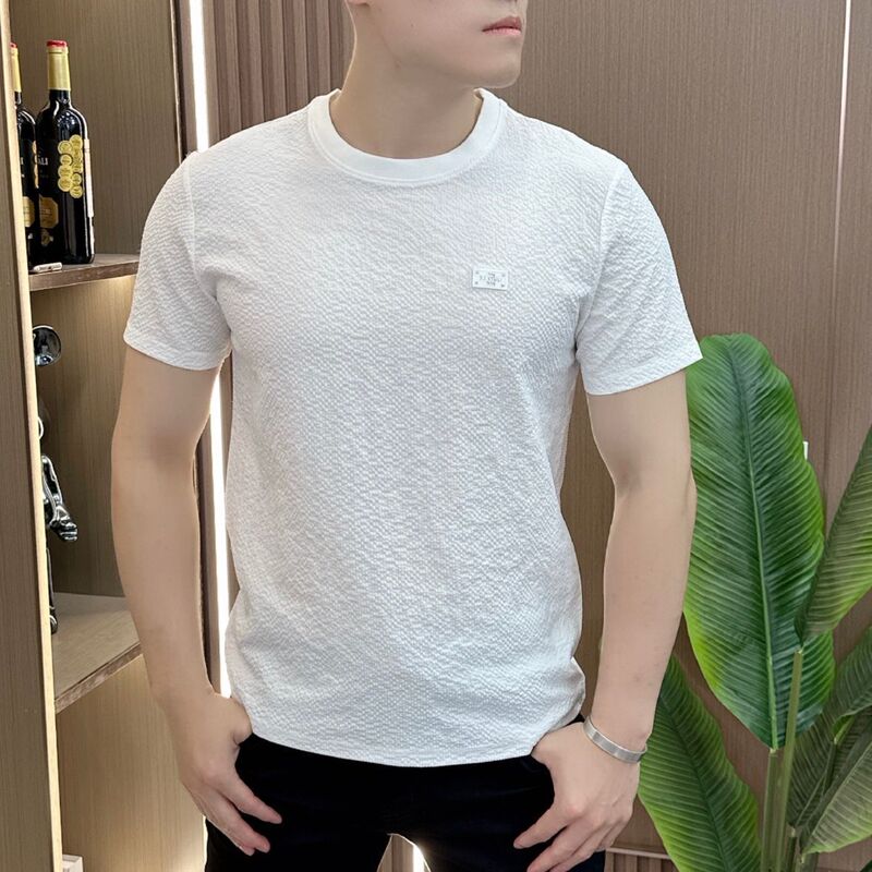 Designer Summer Sauersucker Texture Embroidered Mark Round Neck Men's Short-sleeved Half-sleeved Simple All-match Light Luxury Comfortable
