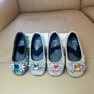 Girls shoes children princess shoes 2024 new spring and autumn girls fashion soft bottom leather shoes crystal shoes wholesale