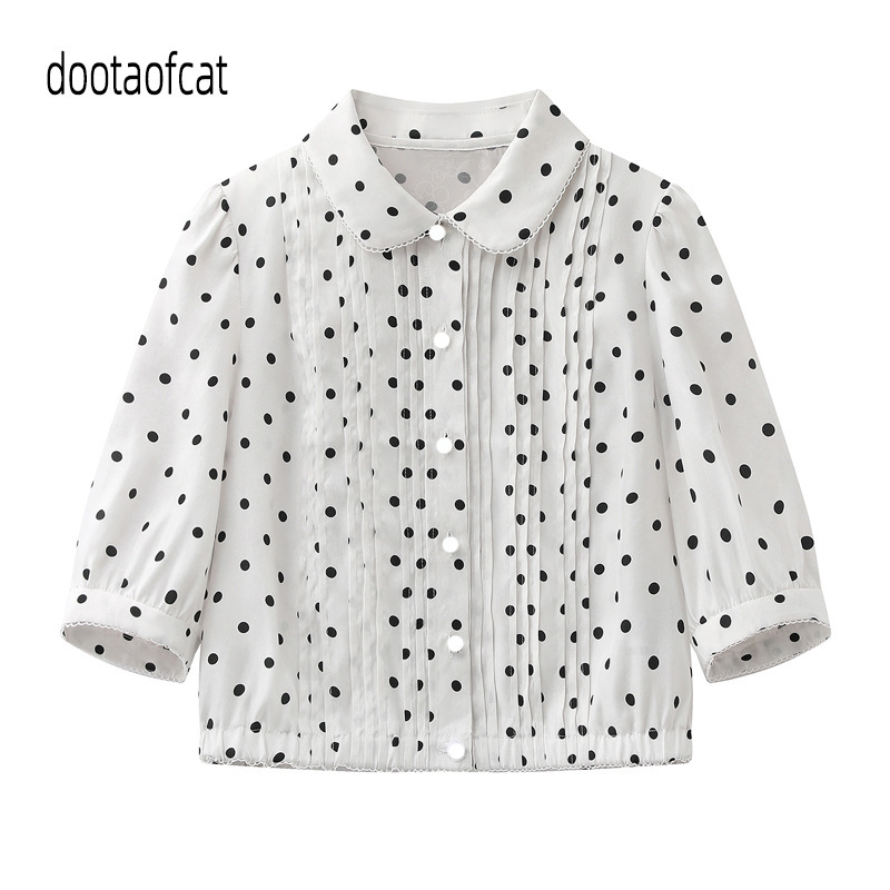 2026 New Summer Women's Clothing Doll Collar Retro Polka Dot Dark Pattern Tuck Pleat Lace Shirt Top 3K2Cb60