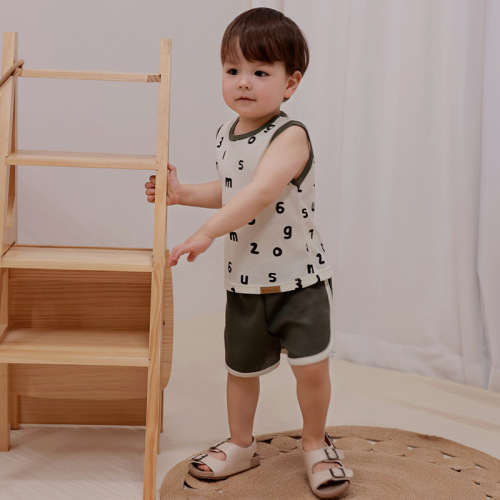 Baby and Toddler Striped Waffle Collar Top Set 2024 Summer New Fashion Unisex Baby Summer Outfit