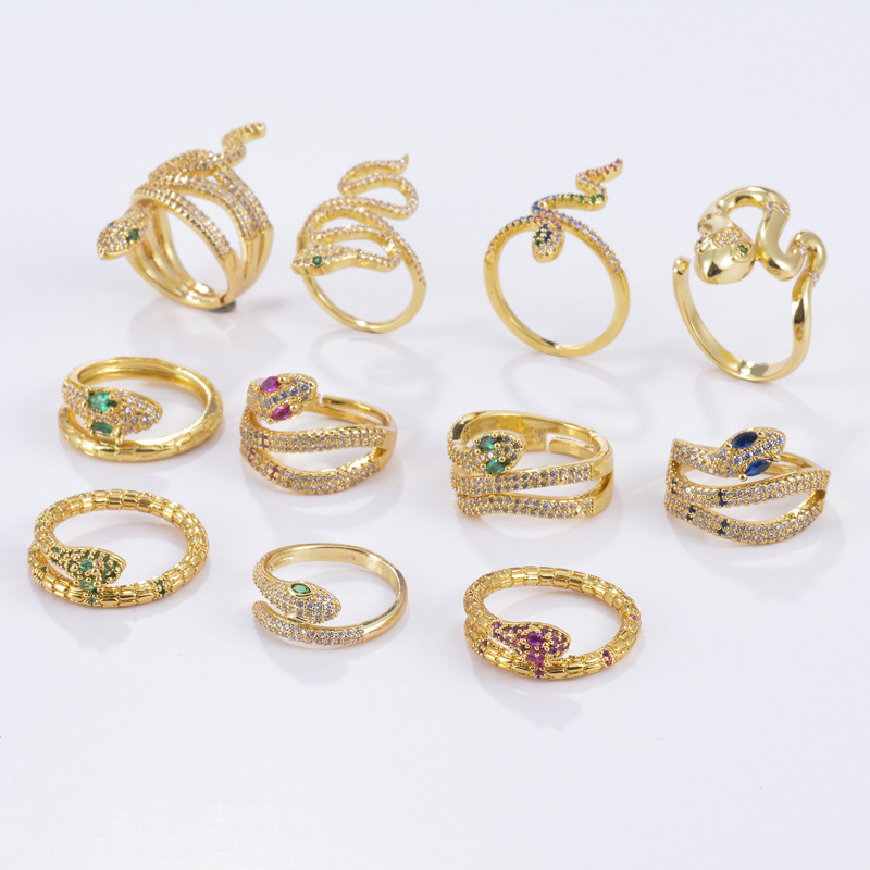 Fashion Colorful Zircon Micro-inlaid Snake-shaped Open Ring Wholesale display picture 1