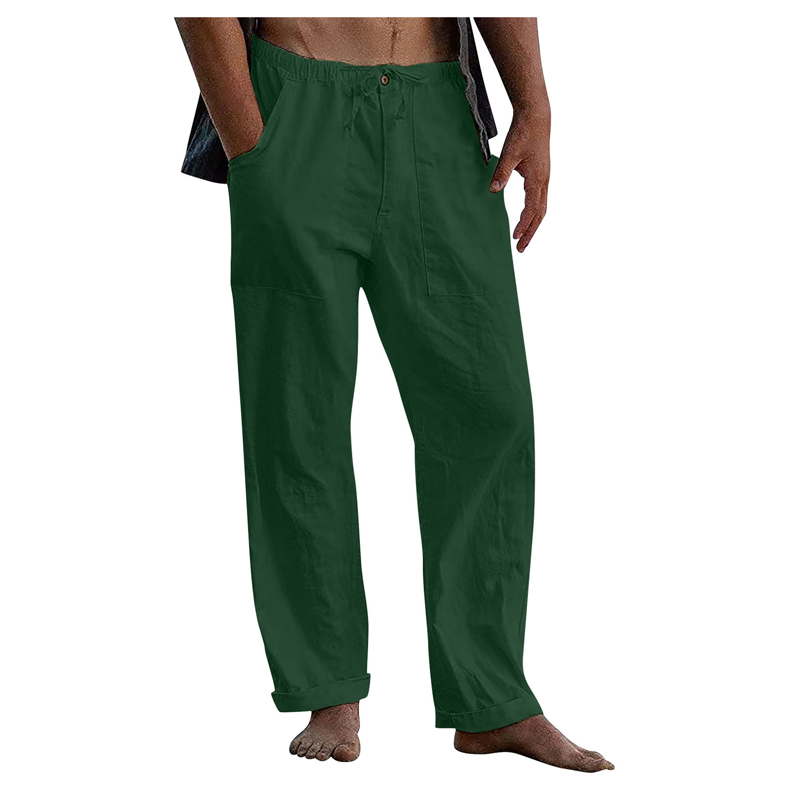 Pantalon en lin pour hommes, yoga, plage, décontracté, taille, cordon de serrage, ceinture ample, poche, été, 2024_voghion.com